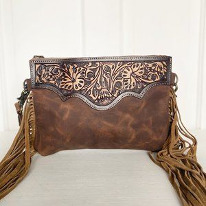 Genuine Leather Hand Tooled Western Fringe Crossbody Purse/Shoulder Bag